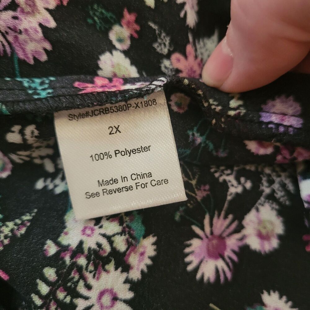 Janet Chung Peplum Floral Chiffon Top Black Purple Pink Flowers Ruffle Sleeve 2X - Picture 12 of 13